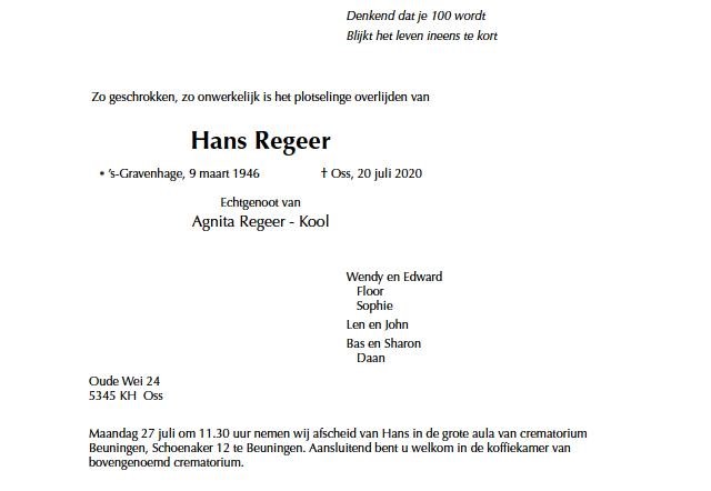 regeer - rouwkaart